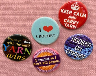 5 pin back CROCHET badges, 30mm, badge collectors, pins