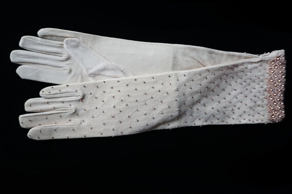 Vintage Beige Beaded Long Gloves / 1950s