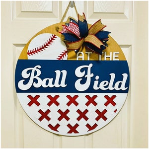 Baseball Door Hanger | At the Ball Field Sign | Sports Front Door Decor | Rustic Baseball Sign | Game Day Wreath Alternative
