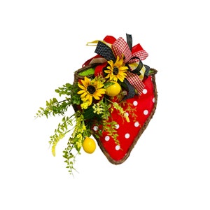 Strawberry Wreath Door Hanger | Summer Front Door Decor | Rustic Farmhouse Strawberry Sign | Sunflower and Lemon Wreath | Country Cottage