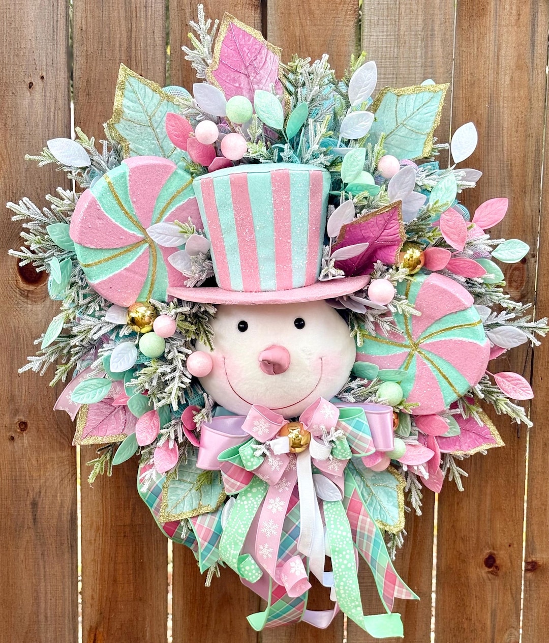 Pastel Christmas Wreath: Candyland Holiday Front Door Decor, Snowman - Etsy