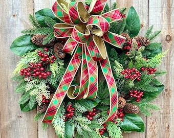 Christmas Wreath • Red Berry & Plaid Bow, 24" Holiday Door Decor