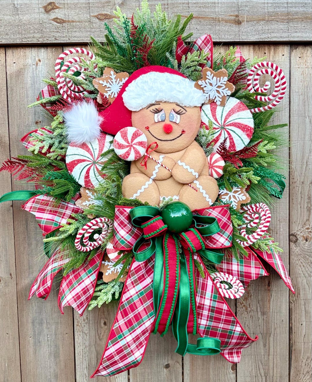 Gingerbread Christmas Wreath • Candy Holiday Decor, Plaid Ribbon - Etsy