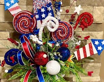 Patriotic Floral Arrangement – Red White Blue Firework Summer Decor