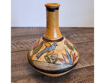 Tonala Keramik Bud Vase Mexikanische Volkskunst Kleine Gelbe Hand Bemalte Vogel Szene