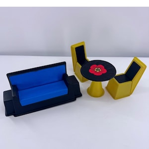 Vintage Mod Barbie Fashion Doll Furniture Sofa Chairs Table Yellow Blue Black