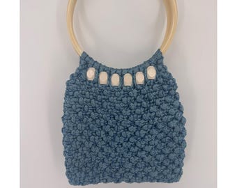 Crochet Handbag Women Blue Round Handles Beaded Boho Tote Liz Miller Macrame