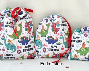 Dinosaur Birthday Party Fabric Gift Bags, Reusable Cotton Drawstring Pouches