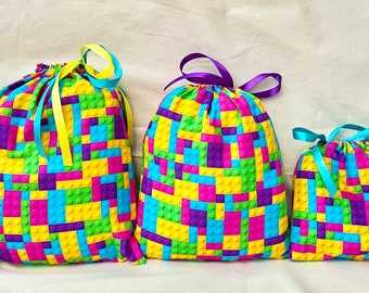 Brick fabric gift bags ~ party bags ~ fabric wrapping ~ lego storage ~ Reusable and eco friendly