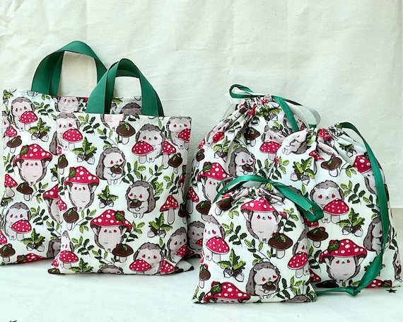 Hedgehog Mushroom Fabric Gift Bags: Kids Party, Reusable Wrapping, UK Made