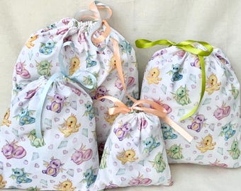 Quality Dragon fabric gift bags, party bags ~ 100% Oeko-tex cotton ~ Handmade ~ Reusable and eco friendly