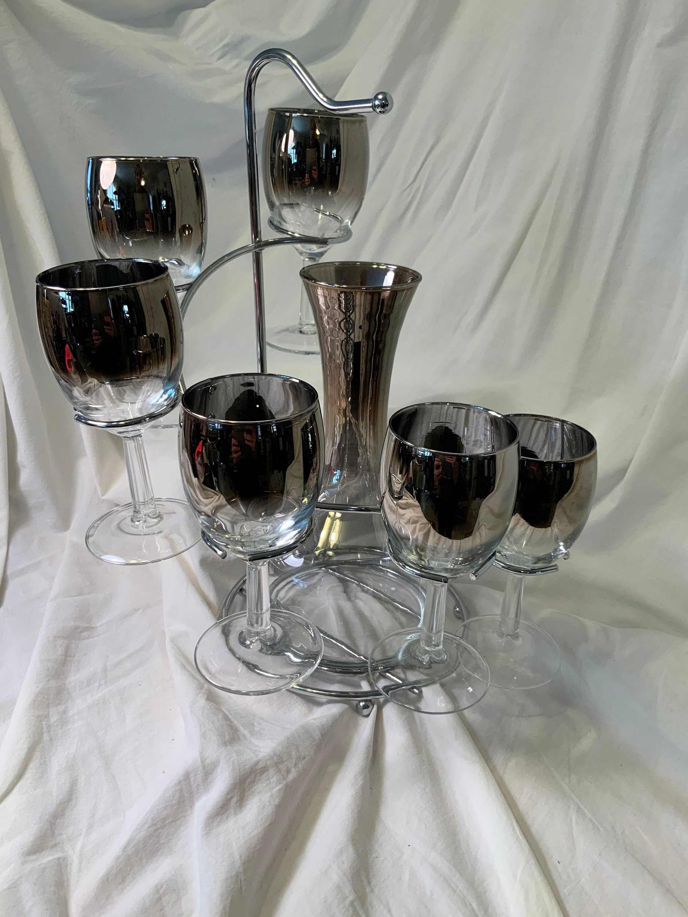 Set of 6 Silver Fade Drinking Glasses 12 Ounce Capacity Mid Century Bar  Glasses Silver Rimmed Tall Glasses Home Bar Gift 