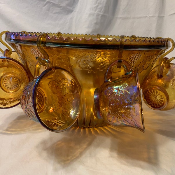 Amber Carnival Glass Punchbowl - Indiana Glass Punchbowl - Grapes & Leaves