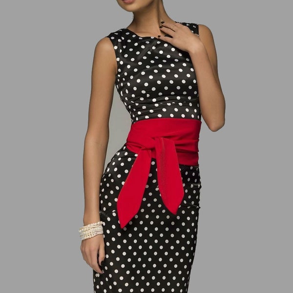 Pencil  Dress  for Women ,Elegant  Polka dot Dress with Belt ,Fit Dress Sleeveless .