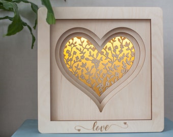 Shadow box - gift for her -love decor - gift for him - mother gift - valentines gift - night light - LED light - nursery lamp - wood lamp