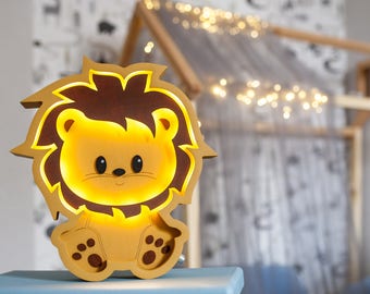 Night light kids - Night lamp - Lion night light - Lion lamp - Wall wooden lamps - Baby night light - Lion decor - Tropical animals