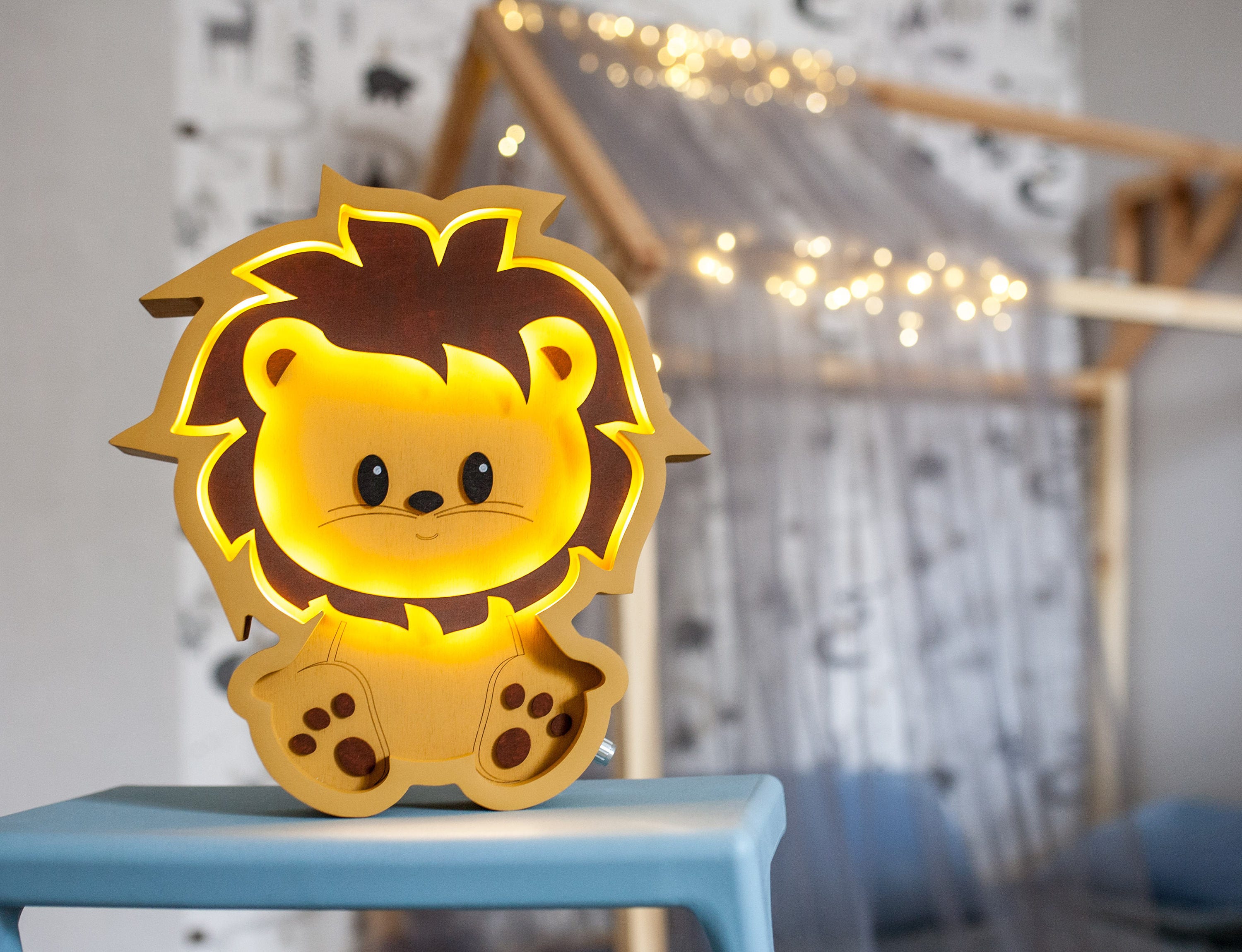 Veilleuse Enfants - Veilleuse Lion Lampe Murale en Bois Bébé Décor Lion Animaux Tropicaux