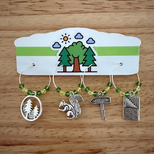 Camping Wine Charms: Squirrel, Sleeping Bag, Forest Theme, Set of 4