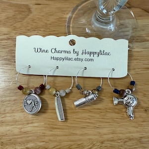 Hair Stylist Wine Charm, Barber Gift, Hairdresser Wine Charm, Beautician, Comb, Love Hair Cutting, Hair Dryer, Hair Spray, Beautician Gift