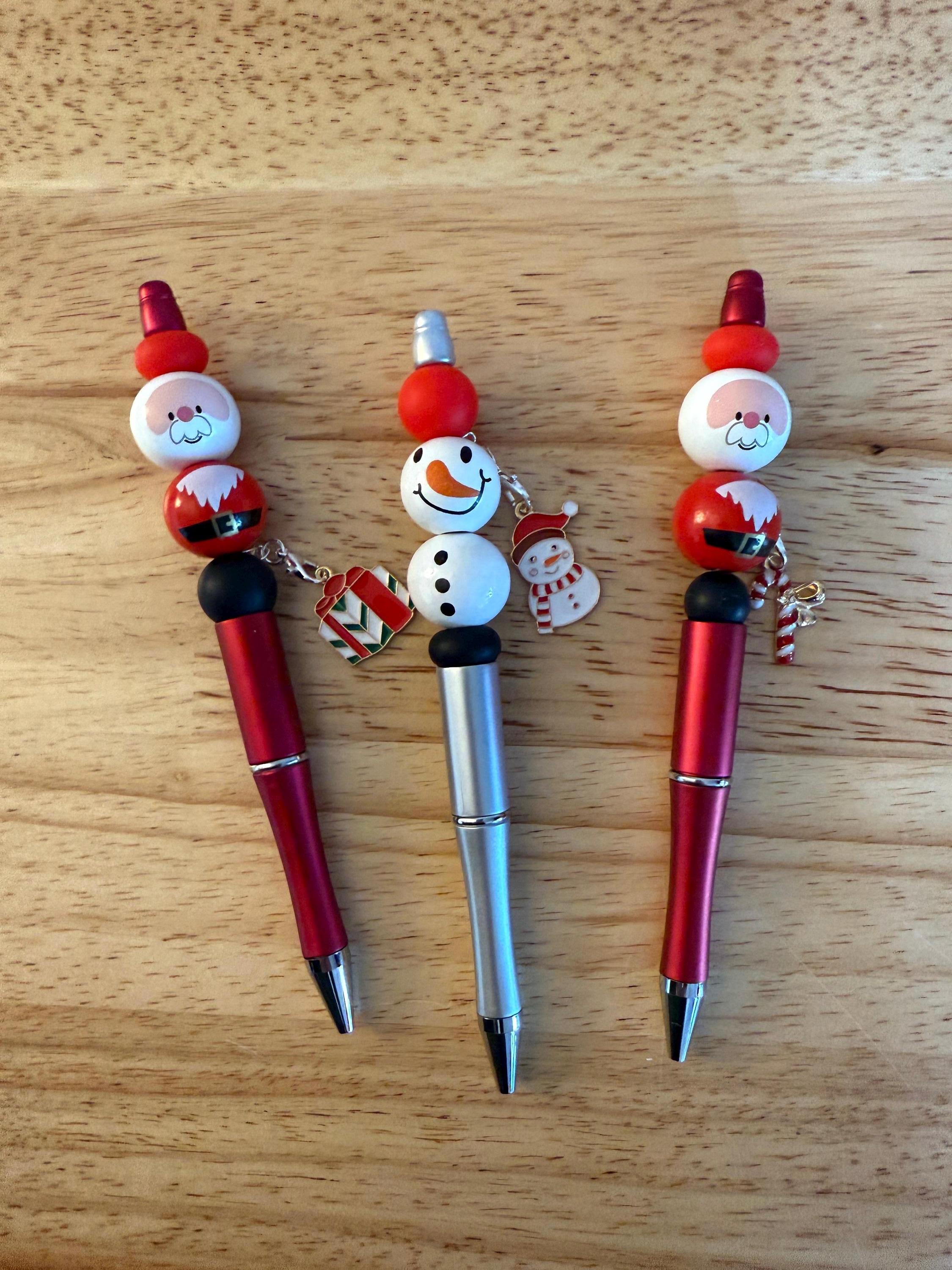 Handmade Christmas Beaded Ballpoint Pen: Snowman & Santa Dangle Charm