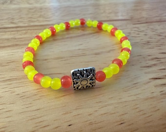 Orange-Red & Neon Yellow Beaded Bracelet with Sun Charm (6”)