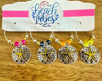 Sand Dollar Wine Charms: Beach Vibes Drink Markers, Set of 4