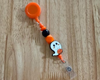 Ghost Badge Holder with Retractable Reel: Halloween Silicone Bead Charm