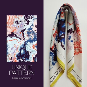 Blue Marble Artistic Twill Silk Square Scarf In 50 cm, Neck, Wrist, Bandana Style, Accessory For Ladies In Limited Edition