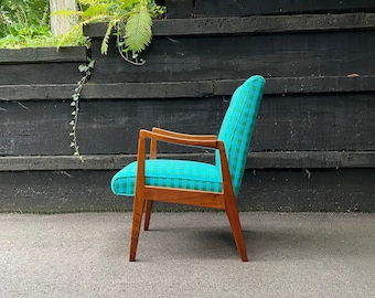 Midcentury Modern Arden Riddle Studio Craft solid Walnut Lounge Chair with New Old Stock Green and Blue Check Fabric, ca. 1960