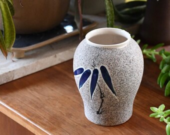 Vintage Midcentury Modern White Ceramic Porcelain Vase Pot Planter with Blue Glazed Leaf Tree, ca. 1960's, Japan