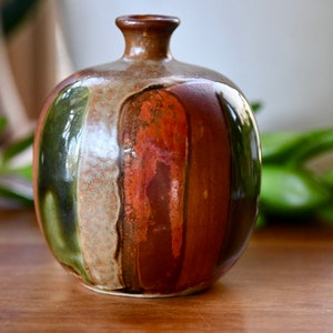 Vintage Ceramic Red, Orange Green Drip Pottery Vase, Mid Century Modern Handmade Weed Pot, Small Flower Bud Vase, Retro Stoneware Studio Art image 3