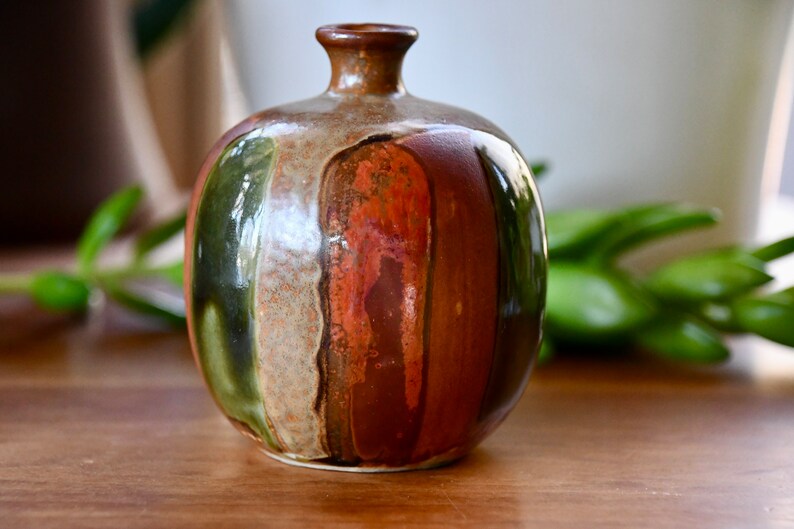 Vintage Ceramic Red, Orange Green Drip Pottery Vase, Mid Century Modern Handmade Weed Pot, Small Flower Bud Vase, Retro Stoneware Studio Art image 3