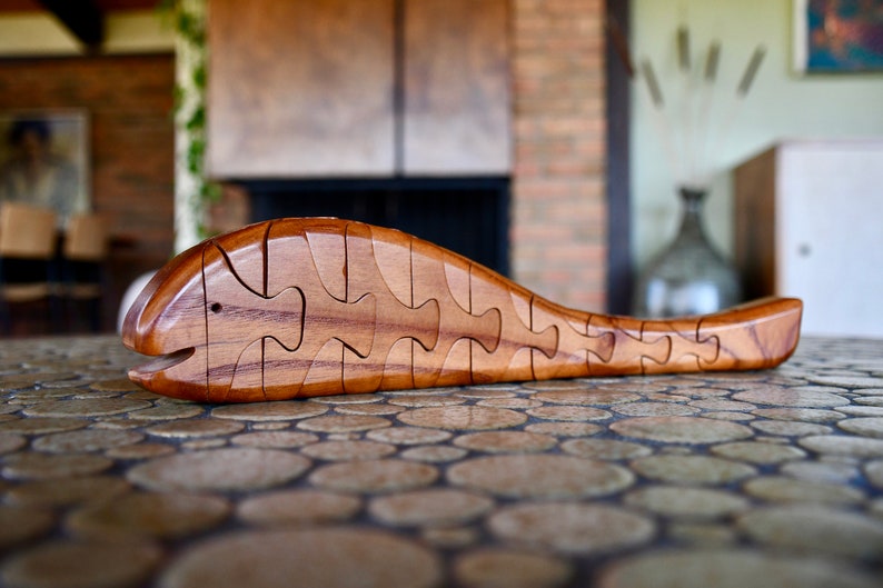 Midcentury Danish Modern Handmade One-of-a-Kind Solid Teak Whale Puzzle, ca. 1960's, Home Office Desk Objects, Birthday Christmas Gift image 2