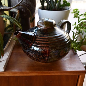 Mid Century Modern Large Handmade Studio Pottery Round Ceramic Teapot with Abstract Brown Green Red Orange Glaze, Signed, ca. 1970&#39;s