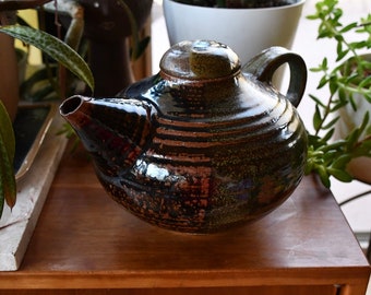 Mid Century Modern Large Handmade Studio Pottery Round Ceramic Teapot with Abstract Brown Green Red Orange Glaze, Signed, ca. 1970's