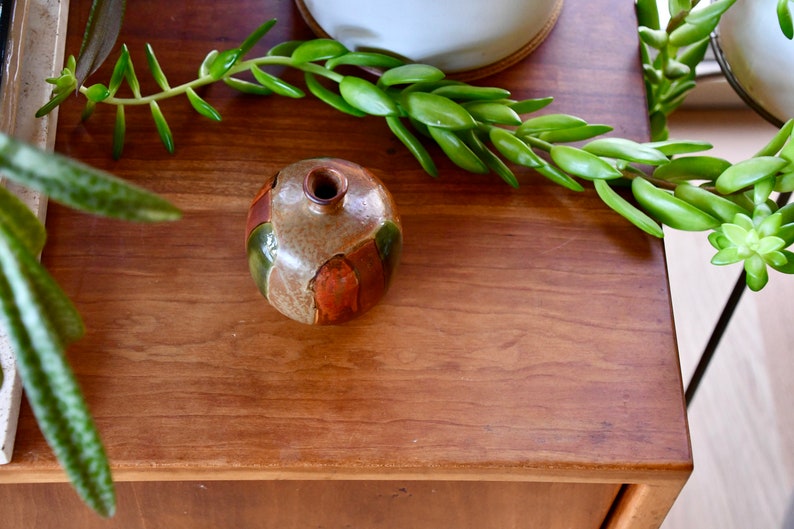 Vintage Ceramic Red, Orange Green Drip Pottery Vase, Mid Century Modern Handmade Weed Pot, Small Flower Bud Vase, Retro Stoneware Studio Art image 5