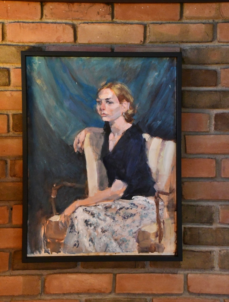 Vintage Midcentury Original Seated Blonde Woman Portrait Painting by Akron Artist Jane Cahill Kovacic, ca. 1970's image 5