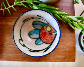 Midcentury modern ceramic pottery blue red yellow green fish bowl dish Danish modern Scandinavian style