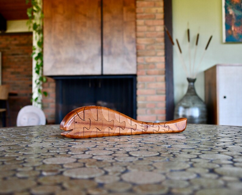 Midcentury Danish Modern Handmade One-of-a-Kind Solid Teak Whale Puzzle, ca. 1960's, Home Office Desk Objects, Birthday Christmas Gift image 5