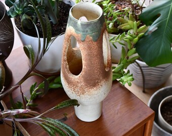 1970's Japanese Wheel-thrown Large White Orange Green Ikebana Vase Pot with Iron Insert and Window Cut-Outs, signed with Sticker, Japan