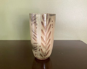 Nancy Wickham Midcentury Modern Beige Artisan Handmade Signed Studio Hand-painted Flower Glaze Ceramic Pottery Vase Vessel