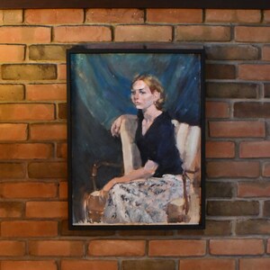 Vintage Midcentury Original Seated Blonde Woman Portrait Painting by Akron Artist Jane Cahill Kovacic, ca. 1970's image 2