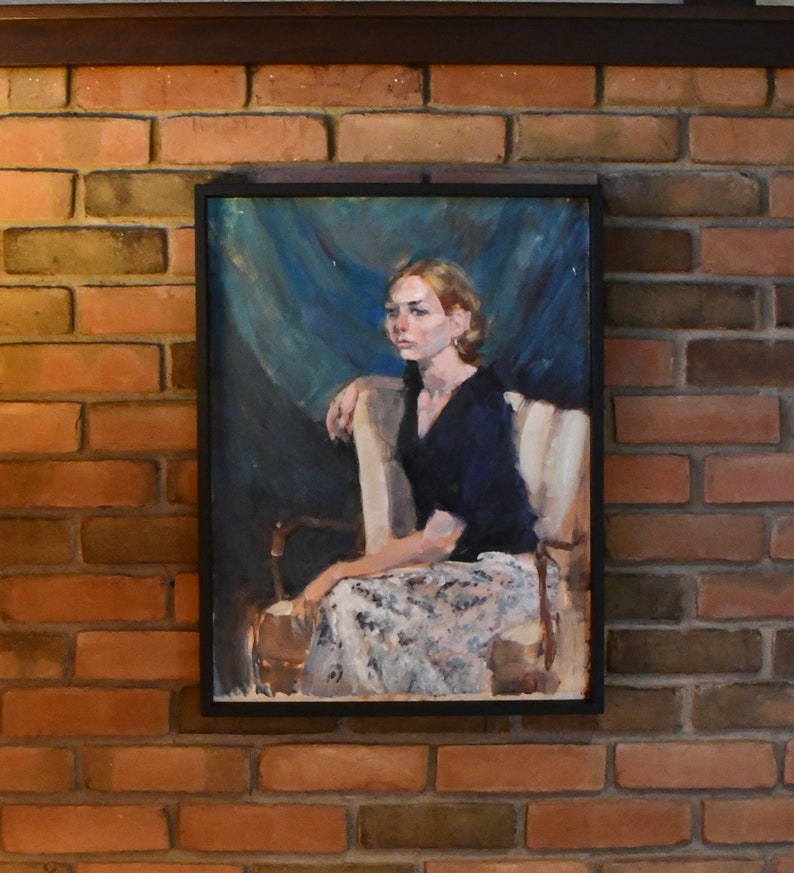 Vintage Midcentury Original Seated Blonde Woman Portrait Painting by Akron Artist Jane Cahill Kovacic, ca. 1970's image 2