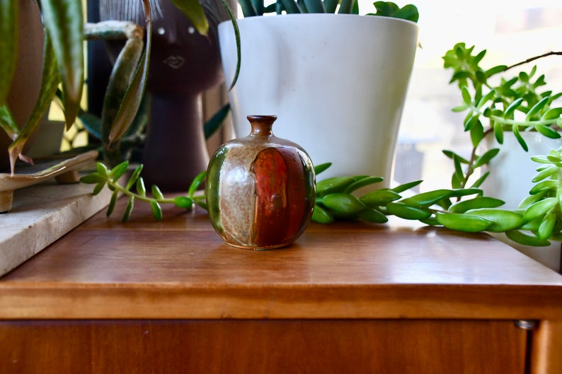 Vintage Ceramic Red, Orange Green Drip Pottery Vase, Mid Century Modern Handmade Weed Pot, Small Flower Bud Vase, Retro Stoneware Studio Art image 4