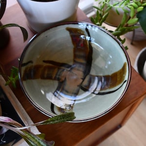 Vintage Mid-Century Modern Handmade Studio Pottery Green Brown White Abstract Ceramic Pottery Bowl, signed Morrett, 1979
