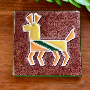 Vintage Red Yellow Green Legendware Handcrafted at Oak Creek Kilns,Sedona Arizona Handmade Donkey Tray,Midcentury Modern Ceramic Tile Trivet image 2