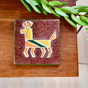 Vintage Red Yellow Green Legendware Handcrafted at Oak Creek Kilns,Sedona Arizona Handmade Donkey Tray,Midcentury Modern Ceramic Tile Trivet image 3