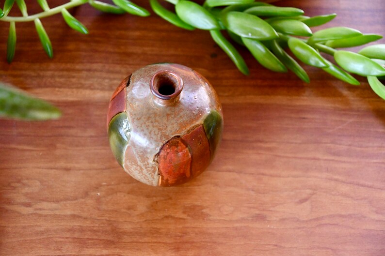 Vintage Ceramic Red, Orange Green Drip Pottery Vase, Mid Century Modern Handmade Weed Pot, Small Flower Bud Vase, Retro Stoneware Studio Art image 6