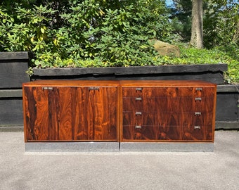 Midcentury Modern Pair of Rosewood + Walnut Sideboards, credenzas, buffet, TV stand, media console by Bernhardt Flair, ca. 1960's