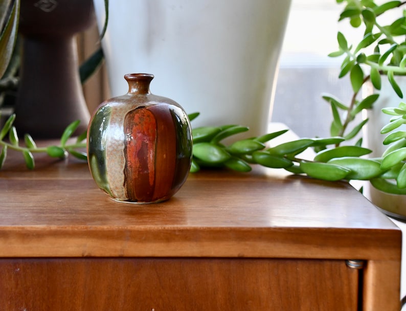 Vintage Ceramic Red, Orange Green Drip Pottery Vase, Mid Century Modern Handmade Weed Pot, Small Flower Bud Vase, Retro Stoneware Studio Art image 1